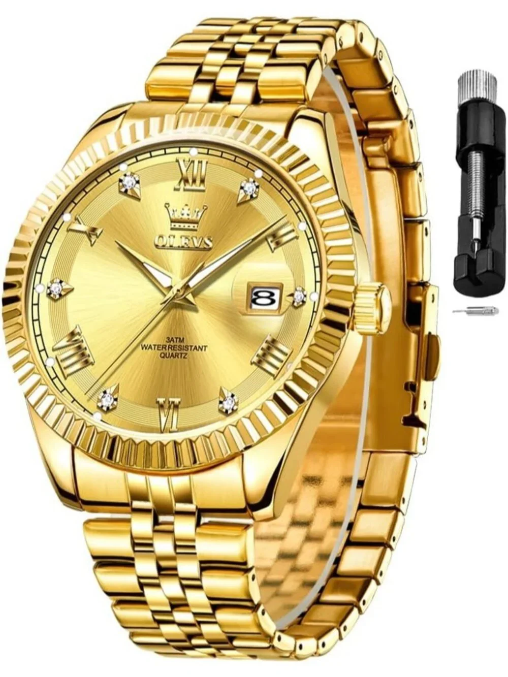 Men's Gold Two Tone Diamond Classic Analog Stainless Steel Waterproof Watch